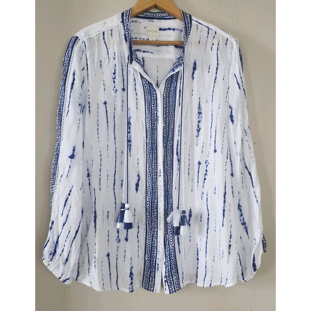 Chicos 3 XL Tie Dye Embroidered Boho Shirt Blue White Button L/S Tassle Accent